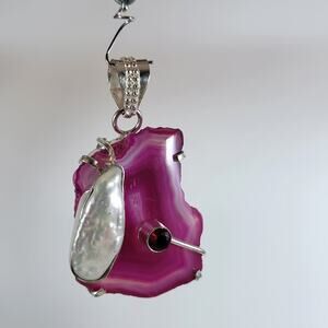 Pink Agate, Pearl & Garnet Pendant – Handmade Sterling Silver Romantic Gift